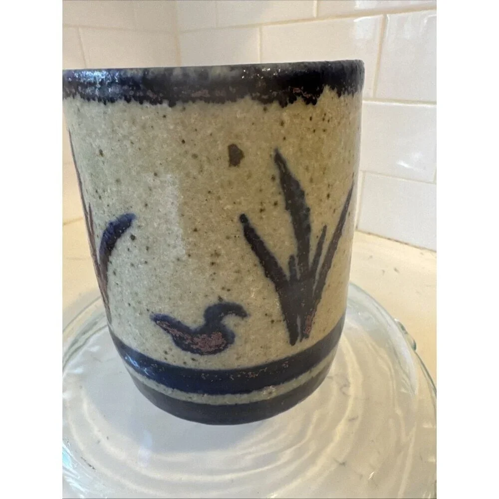 Studio Art Pottery Vase Planter Blue Ban Brown speckles Signed